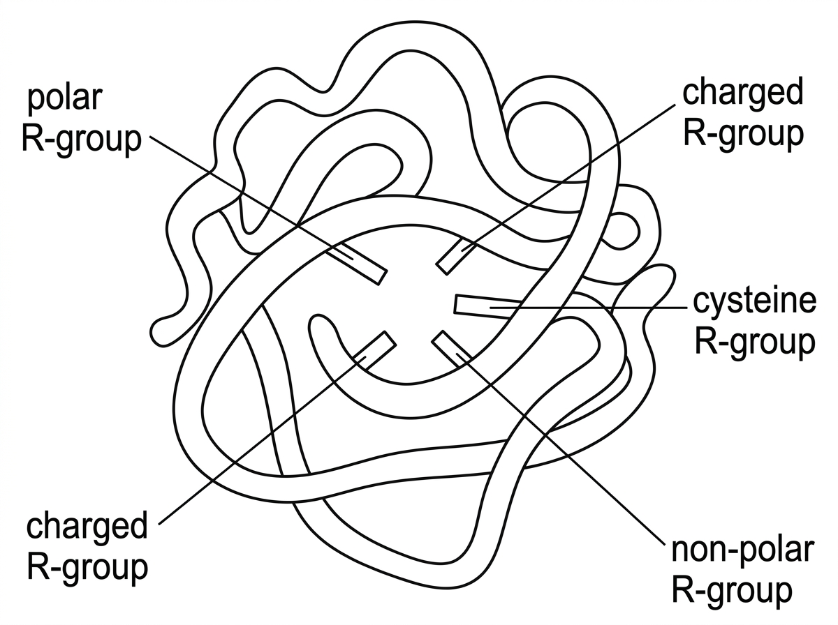 A simplified ribbon-style diagram of one folded polypeptide chain with several labelled R-group positions brought close together by folding. Use generic labels such as polar R-group, charged R-group, cysteine R-group and non-polar R-group. Show proximity but do not label the specific bond types between pairs.