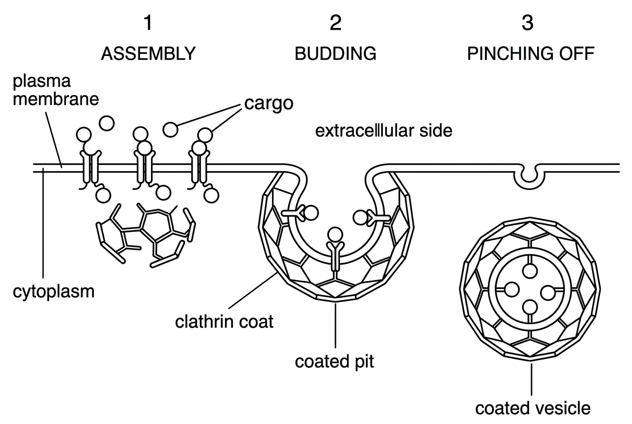 A three-stage diagram of clathrin-mediated vesicle formation at a membrane: clathrin coat assembling on the cytoplasmic side, membrane bending inward with cargo, and a coated vesicle pinching off. The diagram should show cargo and clathrin coat but not label consequences of inhibition.