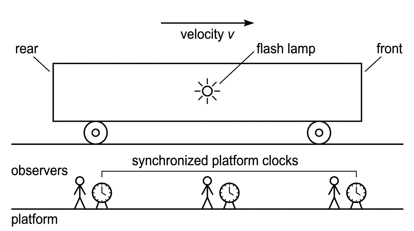 Side-view diagram of a moving train carriage with a lamp at its midpoint, front and rear ends labelled, and platform observers with synchronized clocks indicated.