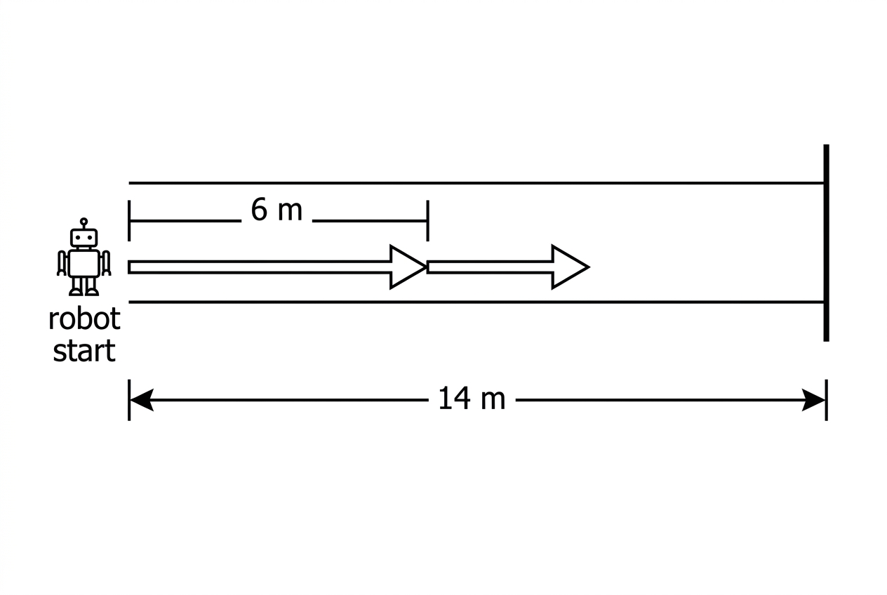 A straight corridor diagram showing a robot, a wall 14 metres from its starting position, and a sequence of forward movements that decrease in length. The first movement is labelled 6 metres; later movement lengths are not shown.