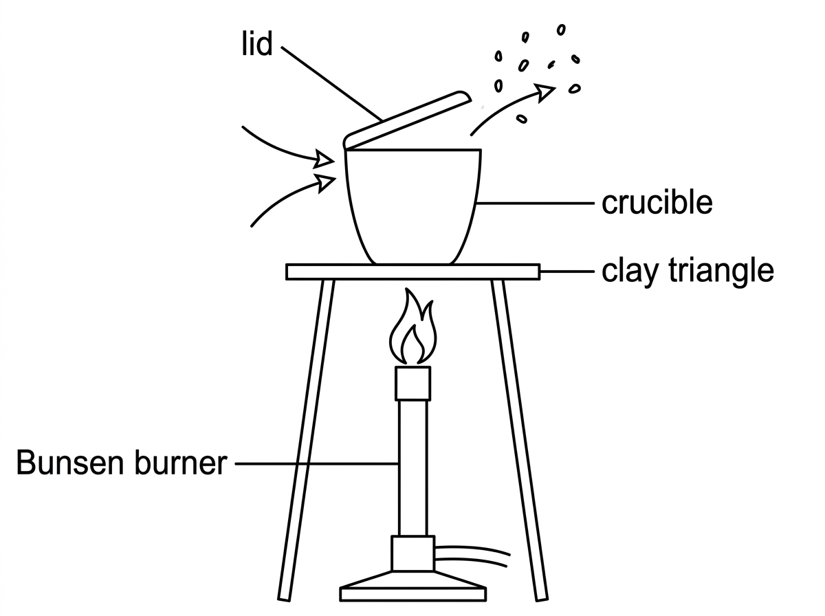 Apparatus diagram showing a crucible with lid on a clay triangle over a Bunsen burner, with arrows indicating air entry and possible powder loss when lid is lifted.