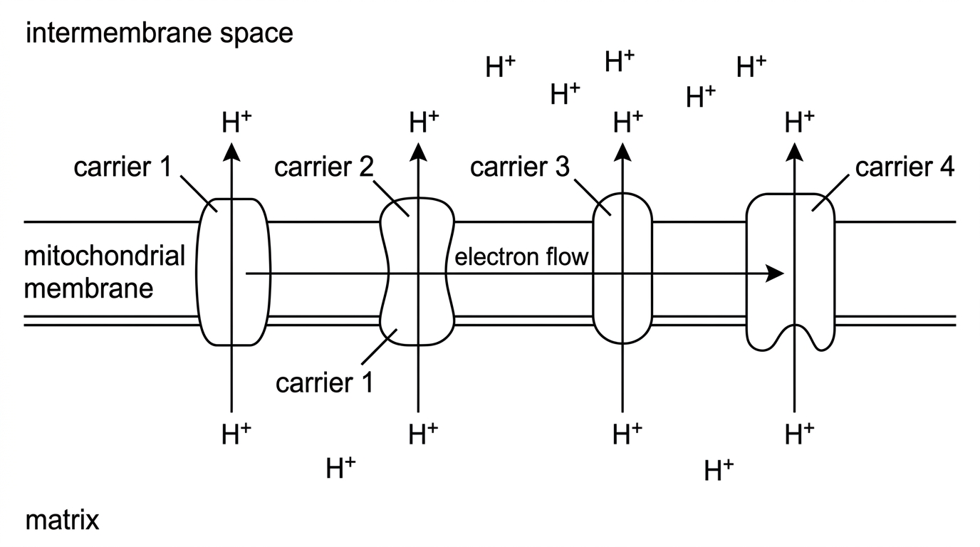 A simplified mitochondrion inner membrane diagram with matrix on one side and intermembrane space on the other, electron carriers embedded in the inner membrane, arrows for electron flow along carriers and arrows showing protons pumped from matrix to intermembrane space; no ATP synthase mechanism details.
