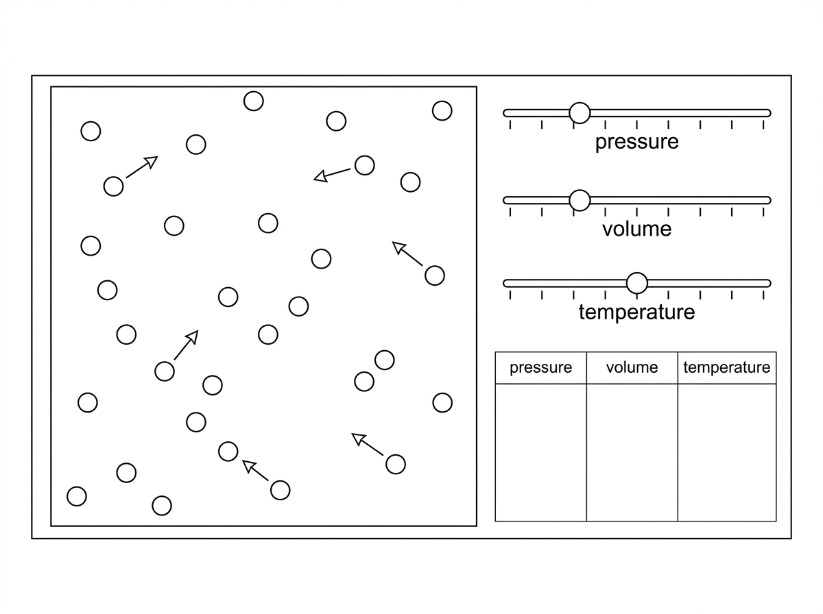 A schematic computer simulation screen showing a box of moving gas particles with adjustable sliders labelled pressure, volume and temperature, plus a data table area. The image should not display any specific results or final graphs.