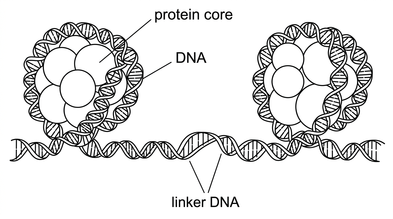 Rendered molecular model of a nucleosome with DNA shown as a double-helical strand wrapping around a central protein core; linker DNA extends between adjacent nucleosome units; colour distinction but no charge labels.