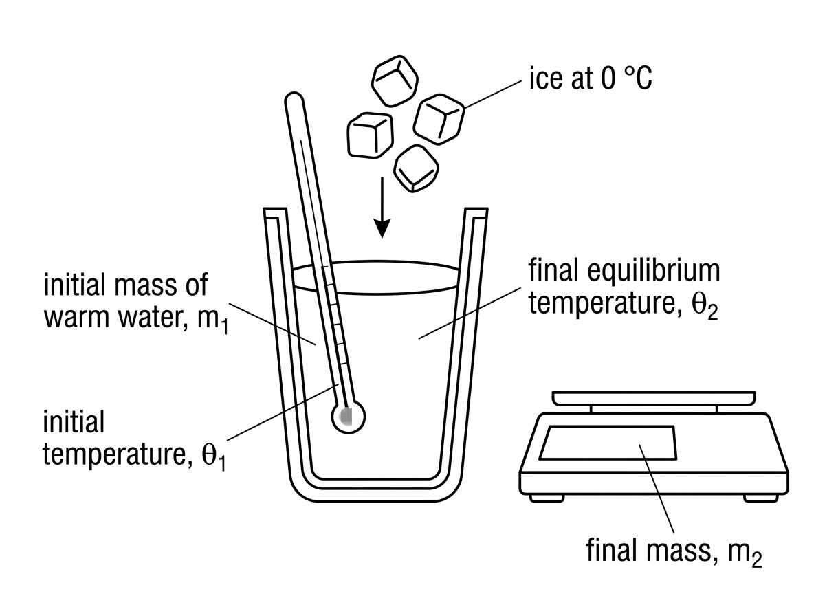 An insulated cup containing warm water with a thermometer and balance nearby; dry ice cubes at 0 °C are added. Labels show initial water mass and temperature, final equilibrium temperature, and final mass.