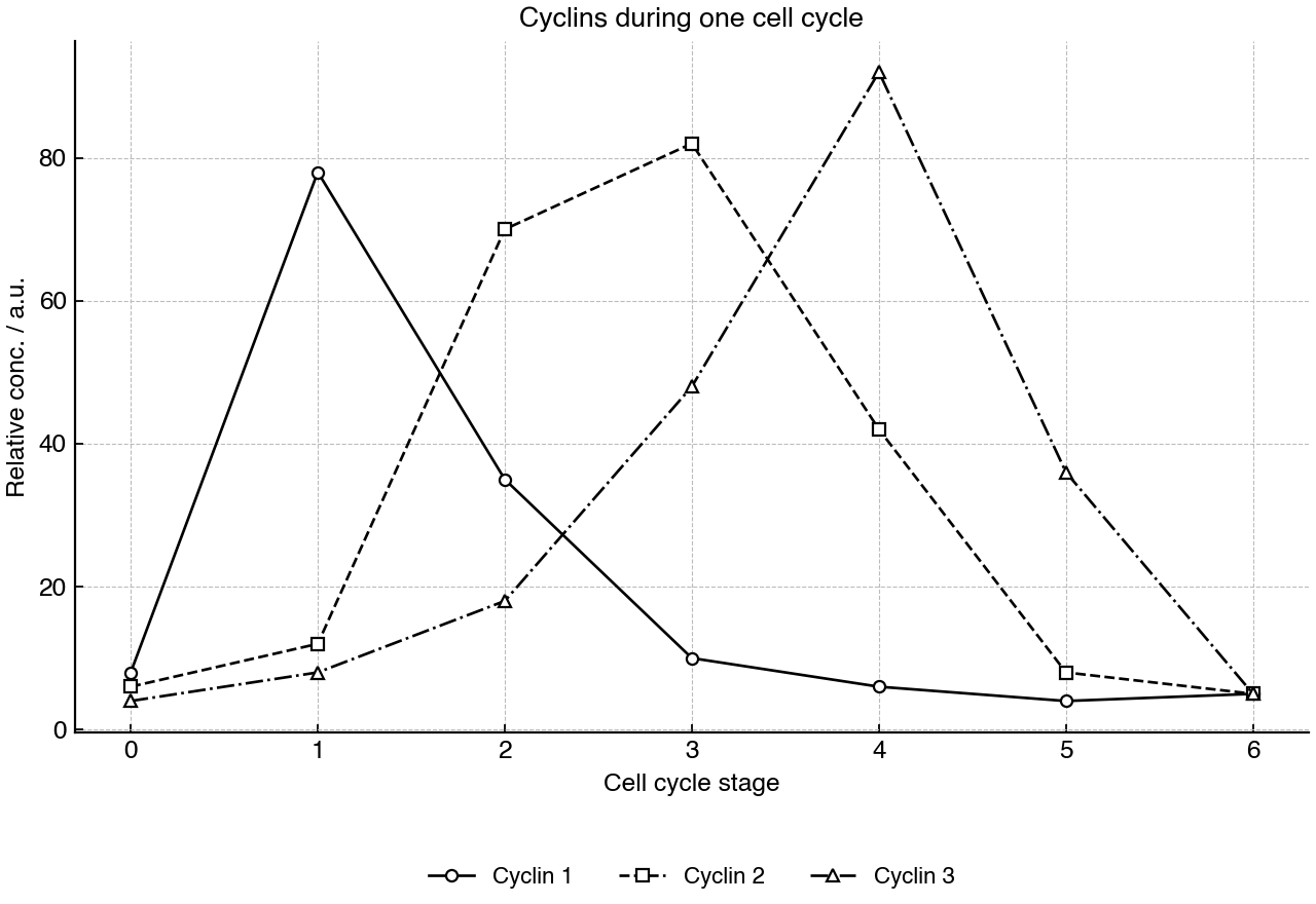 Line graph showing relative concentrations of three cyclins across one cell cycle, with checkpoint positions included as x-axis stages.