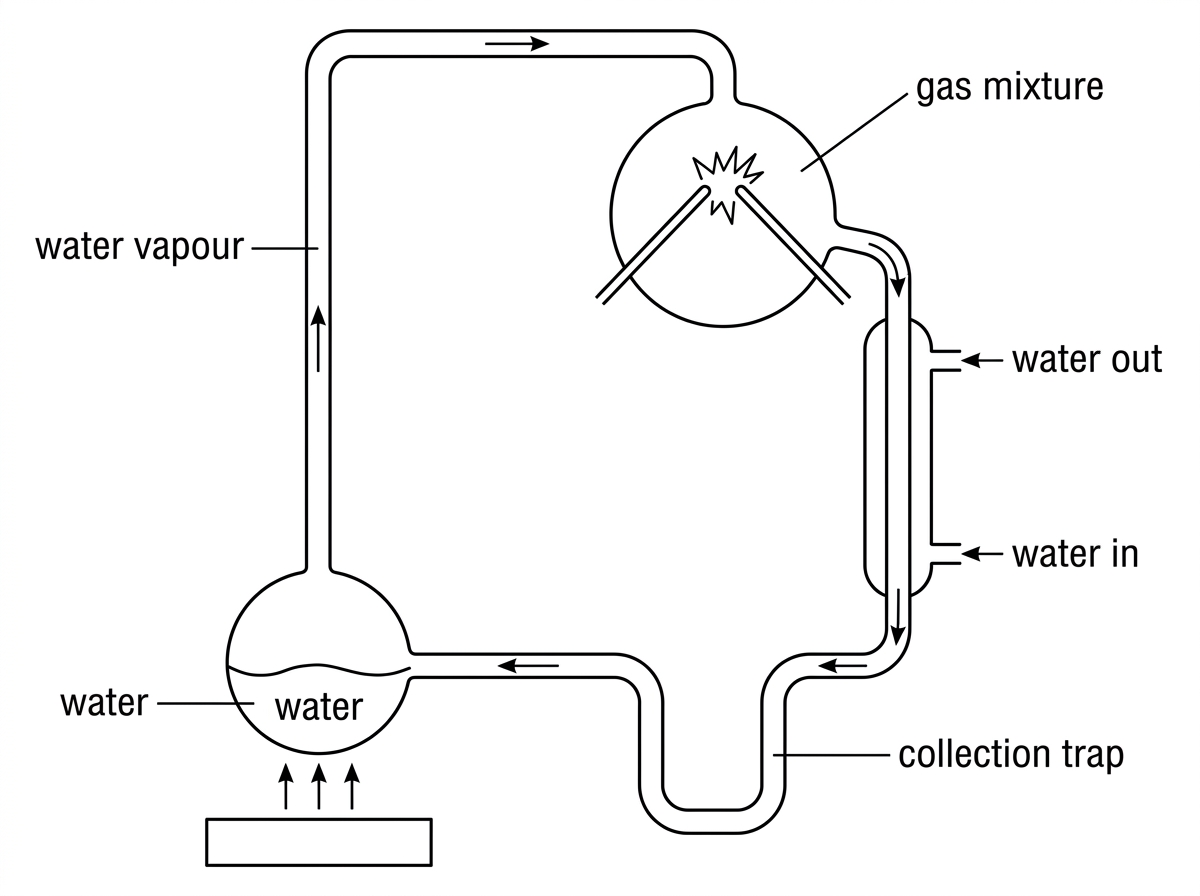 A simplified closed Miller–Urey apparatus showing a heated water flask, gas chamber with electrodes, condenser and collection trap; labels indicate water vapour circulation and gas mixture, but no results are shown.