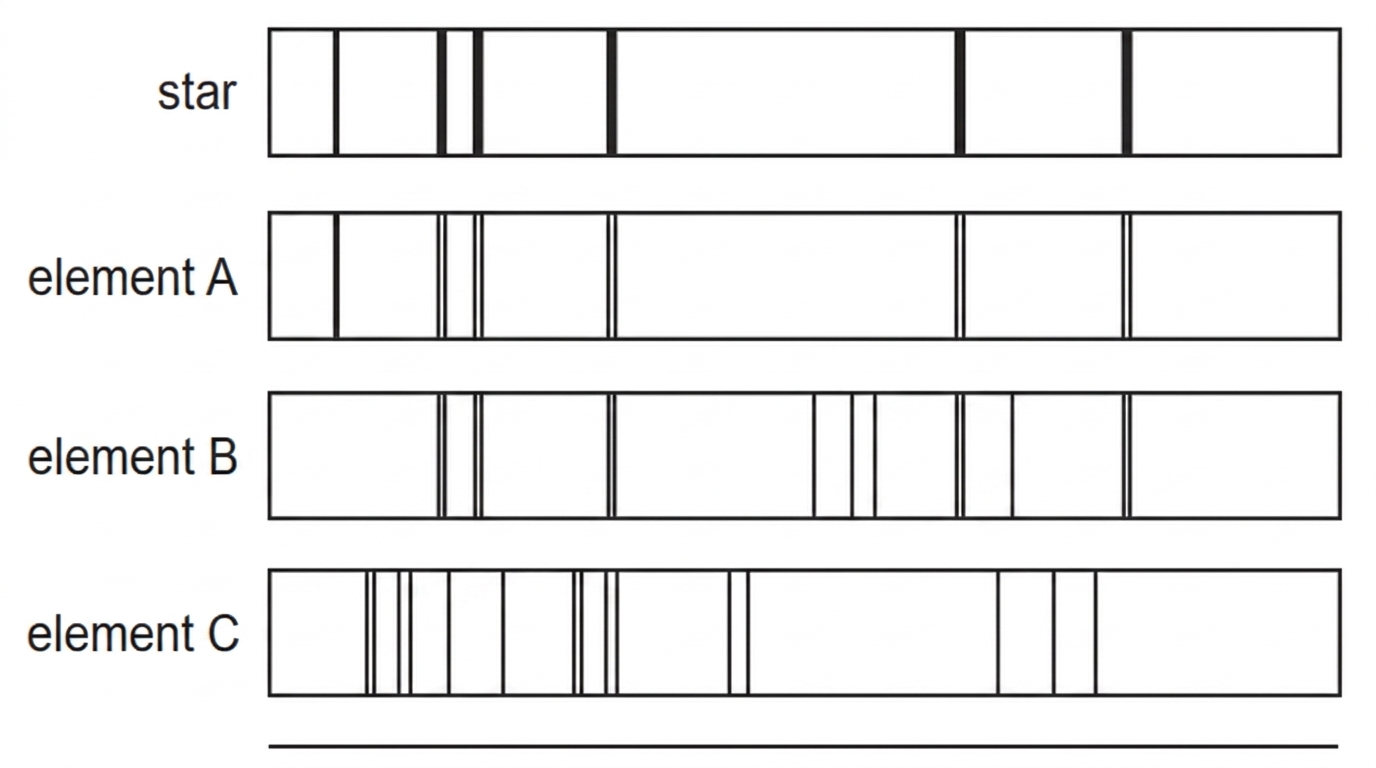 Four horizontal spectral strips on a common wavelength scale: one labelled star and three labelled element A, element B, element C. The star strip is a continuous spectrum with several narrow dark absorption lines. Each element strip shows a pattern of narrow lines. Some, but not all, lines in the star spectrum align vertically with lines in two of the element strips; the third element has a clearly different pattern. No exact wavelengths are printed.