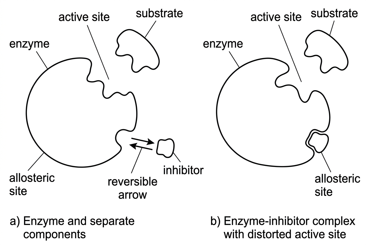 A diagram of a globular enzyme showing a labelled active site with a substrate nearby and a separate labelled allosteric site with an inhibitor bound. A second version of the enzyme shows a changed overall shape and a distorted active site after inhibitor binding. The diagram indicates that inhibitor binding is reversible without implying substrate concentration effects.