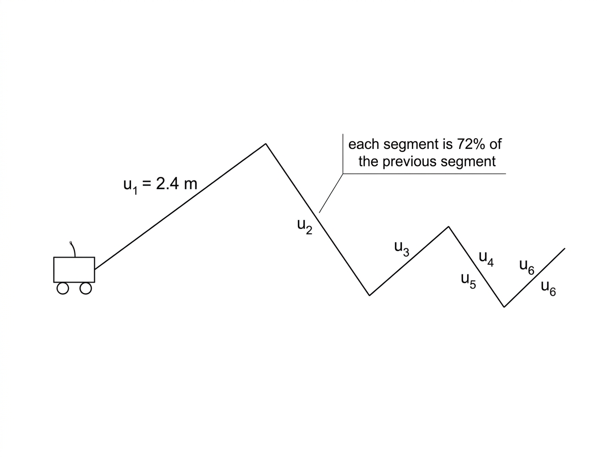 A robot path made from six visibly distinct, successively shorter straight segments. Label each segment exactly once with $u_1$, $u_2$, $u_3$, $u_4$, $u_5$, and $u_6$, placing each label adjacent to its corresponding segment. Ensure that $u_6$ appears only once and is clearly placed on the sixth segment.