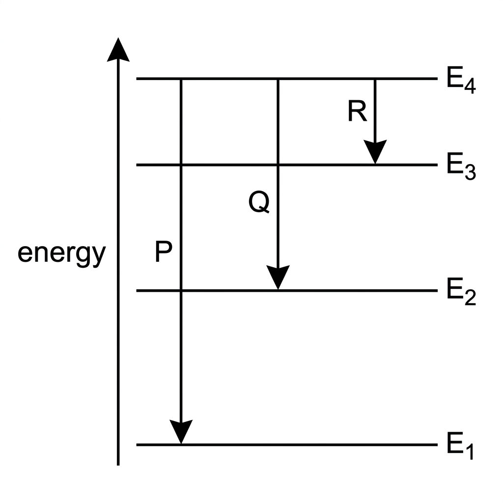 Energy-level diagram with four horizontal levels labelled by energy increasing upward. Three downward arrows P, Q and R have visibly different energy gaps, including one largest and one smallest gap.