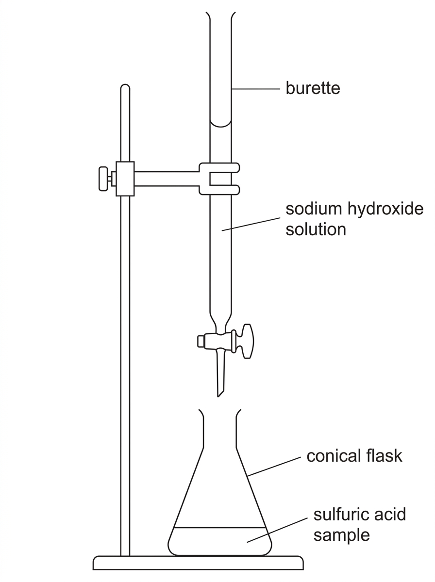 A titration setup with a burette delivering sodium hydroxide into a conical flask containing sulfuric acid and indicator. Labels identify burette, conical flask, sodium hydroxide solution and sulfuric acid sample. No numerical titre is displayed on the apparatus.