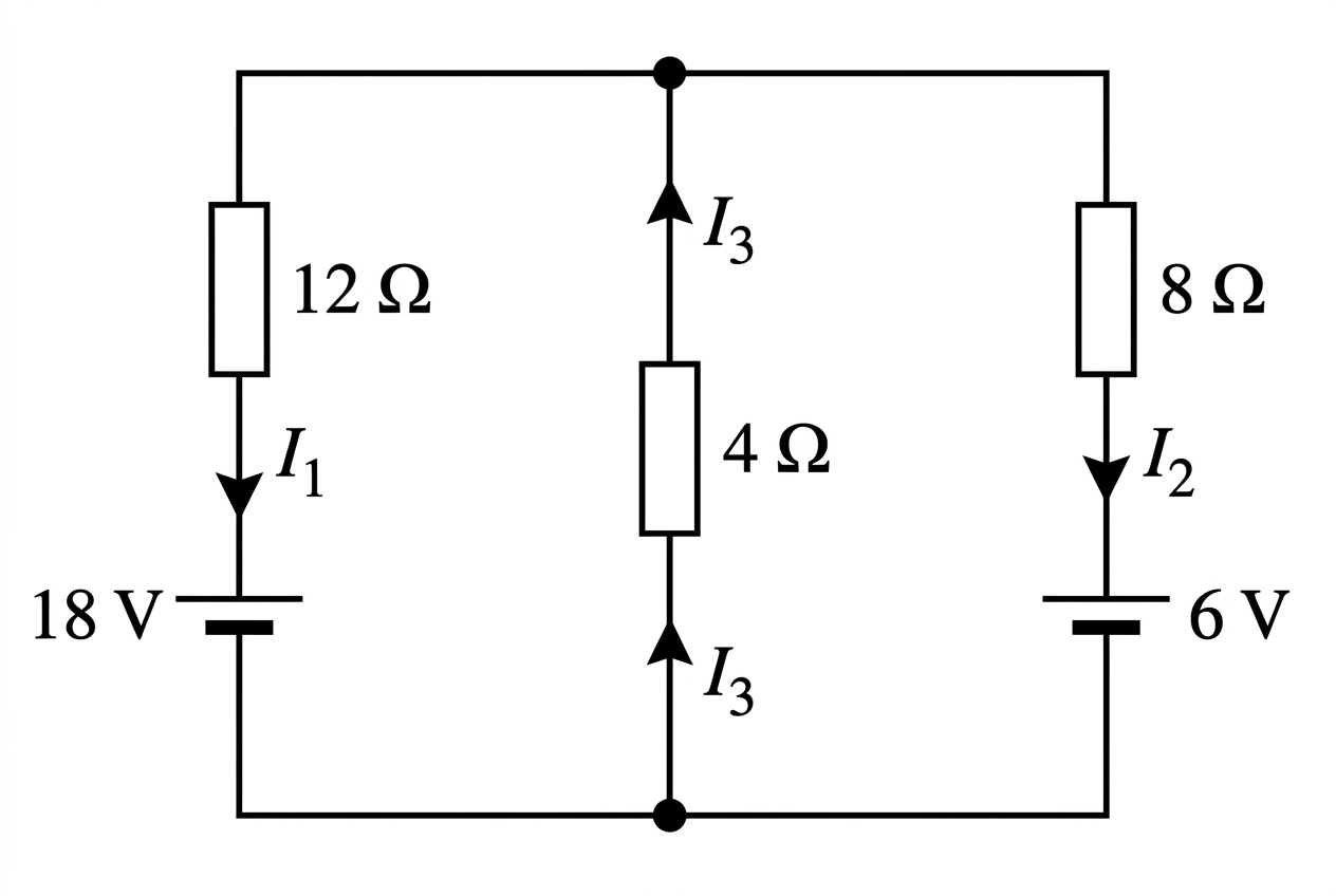 A decorative circuit outline with a junction and two loops, labelled $I_1$, $I_2$ and $I_3$. Do not show current arrows, battery polarities, voltage signs, or solved current values; the displayed equations, rather than the illustration, define the current sign conventions.