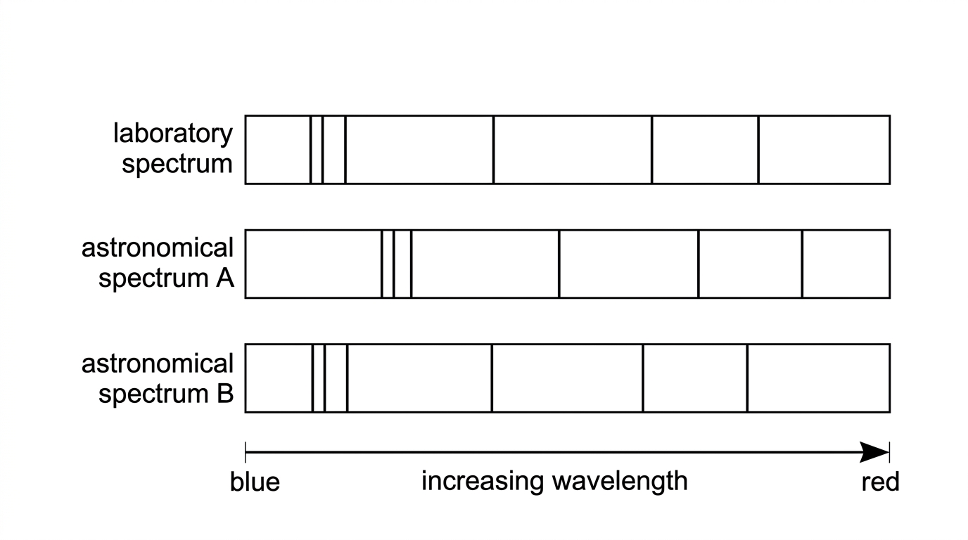 A laboratory absorption spectrum and two astronomical spectra with the same pattern shifted to longer and shorter wavelengths; wavelength increases left to right with labelled red and blue directions.