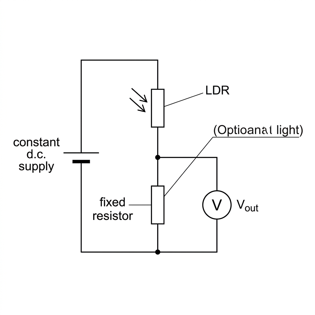 A potential divider circuit with a dc supply, an LDR in series with a fixed resistor, and an output voltage label connected across the fixed resistor. The LDR should be drawn above the fixed resistor in a single vertical branch; no component values are shown.