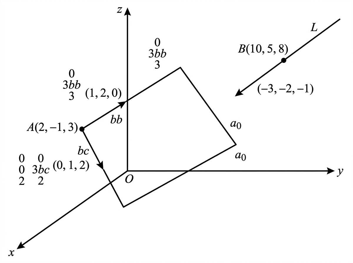 A tilted parallelogram-shaped screen in 3D with two clearly labelled parameter directions, $\begin{pmatrix}1\\2\\0\end{pmatrix}$ and $\begin{pmatrix}0\\1\\2\end{pmatrix}$, and a straight incoming signal line. The diagram should show the parallelogram boundaries and vertices, use legible labels without overlap or corrupted fragments, and not show the intersection point.