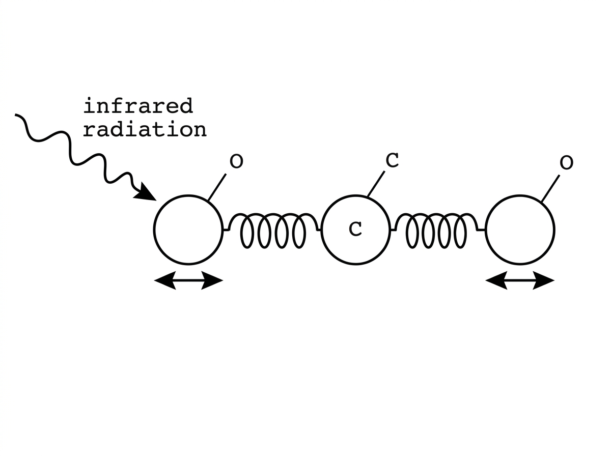 A simplified molecular oscillator diagram showing a central carbon atom and two oxygen atoms connected by bonds represented as springs. The atoms are labelled C and O. Arrows show the atoms vibrating along the molecular axis about equilibrium separations. An incoming infrared wave arrow is shown approaching the molecule, but no energy-level values are included.