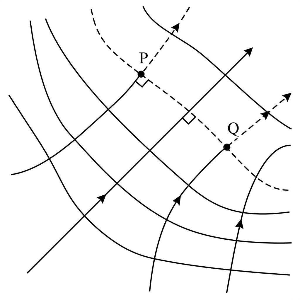 A two-dimensional field map showing several smooth equipotential lines. Points P and Q are marked on the same equipotential line. A few electric field lines cross the equipotential lines, but no work or force annotations are included.