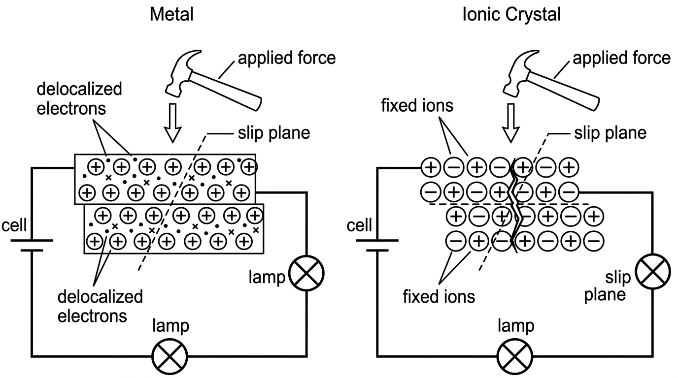 A two-panel diagram. One panel shows a metallic lattice connected into a simple circuit with a lamp, and layers of identical positive ions shifting while surrounded by delocalized electrons. The other panel shows an ionic lattice connected into a circuit and layers shifting so that like charges become adjacent and the crystal cracks. Labels should identify metal, ionic crystal, delocalized electrons, fixed ions, applied force and lamp.