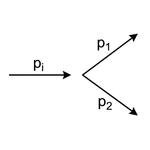 A clean vector diagram on a plain background. Draw an initial momentum arrow labelled $p_i$ horizontally to the right. From the tail of a separate common origin, draw $p_1$ angled upward to the right and $p_2$ angled downward to the right. Do not include a resultant arrow connecting the vector sum to $p_i$. Use the same style and size scale as the other options.