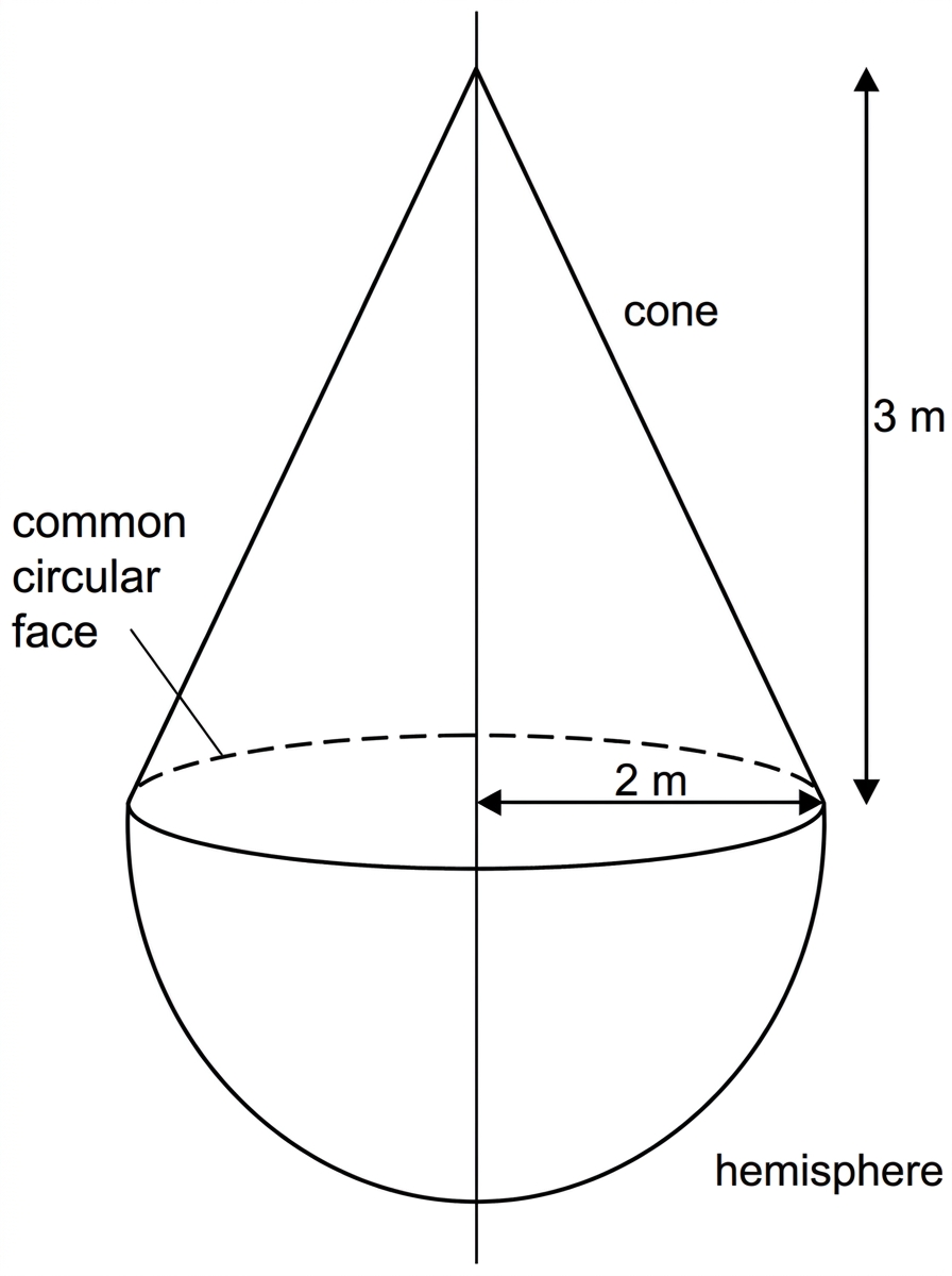 A composite marine marker consisting of a cone above a hemisphere, with the common radius, cone height and internal circular join labelled.