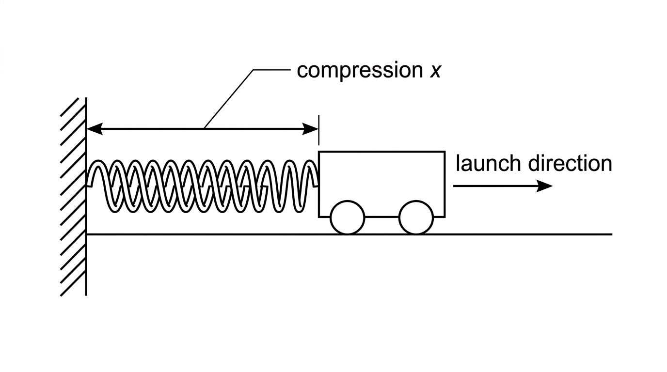 Compressed spring launcher pushing a cart along a horizontal track; compression and launch direction labelled.