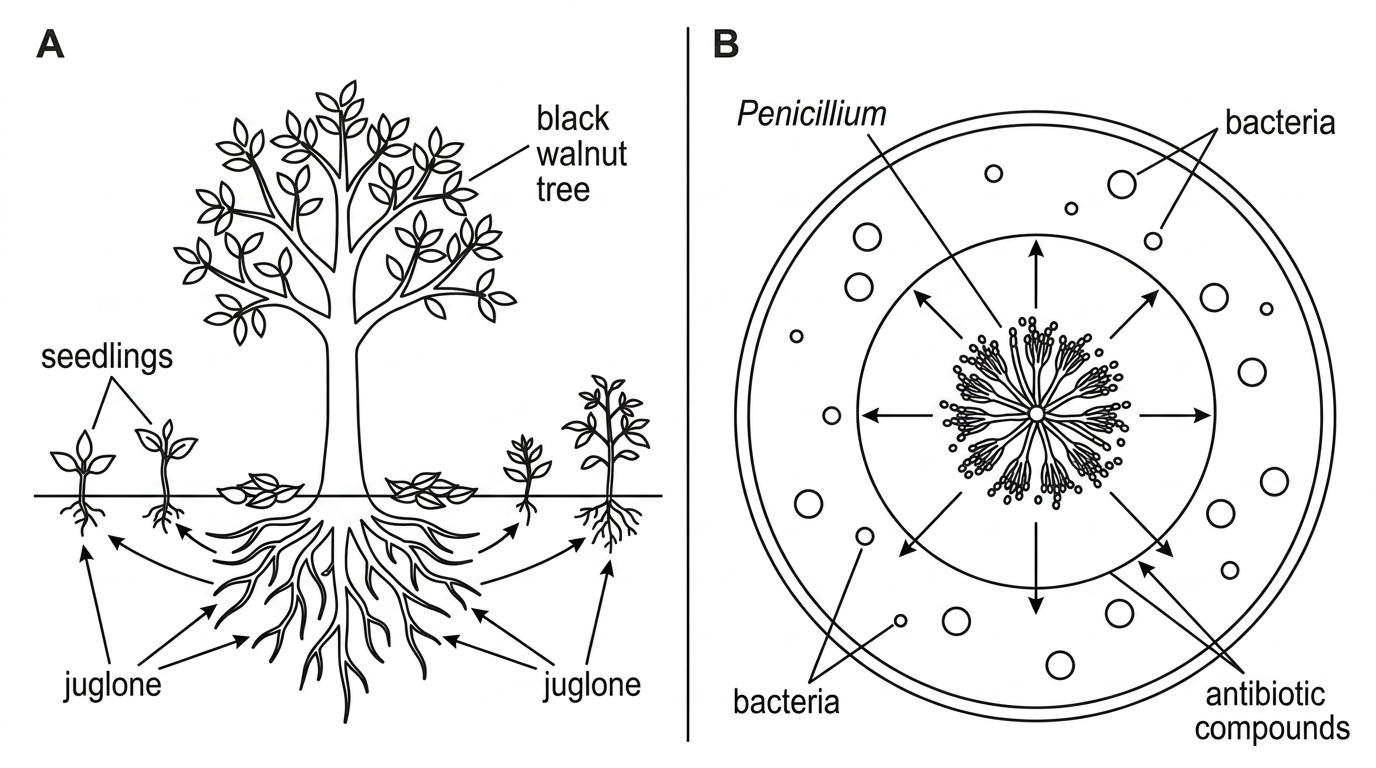 A two-panel diagram showing a black walnut tree with chemical release from roots or fallen leaves affecting neighbouring seedlings, and a fungal colony releasing an antibiotic zone that inhibits nearby bacterial colonies. Labels identify producer organisms, released chemical and affected competitors only.