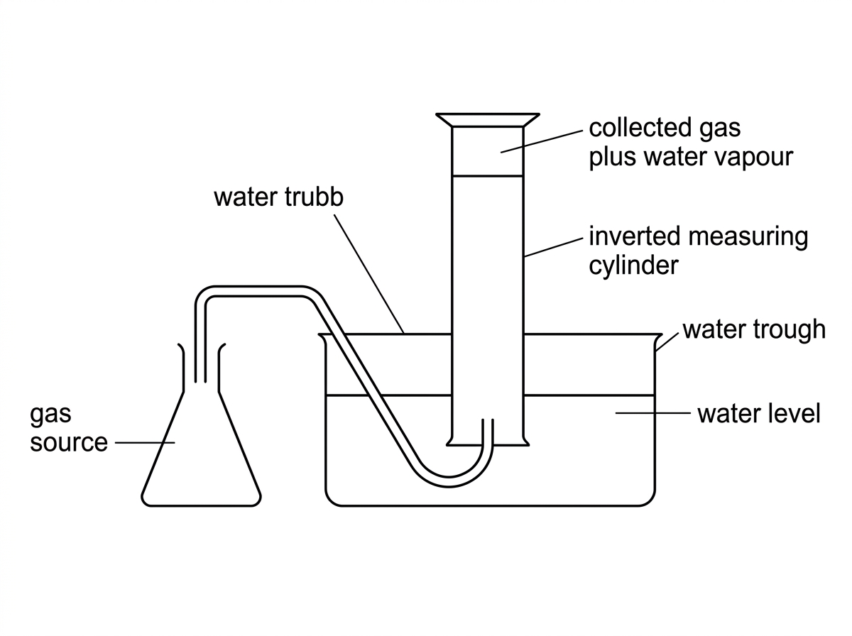 A gas collection over water setup with an inverted measuring cylinder in a water trough connected by a delivery tube to a gas source. Labels should include water trough, inverted measuring cylinder, delivery tube, collected gas plus water vapour, gas source and water level. The visual must not include calculated dry gas pressure or molar mass.