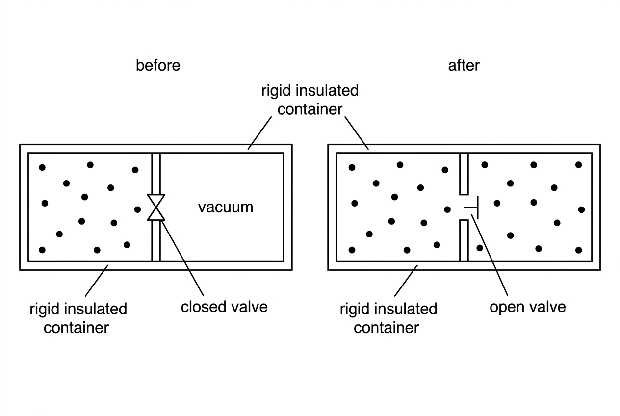 An annotated before-and-after diagram of free expansion in a rigid insulated container. The before image shows gas confined to one compartment and a vacuum in the other compartment separated by a closed valve. The after image shows the gas spread throughout both compartments after the valve is opened.