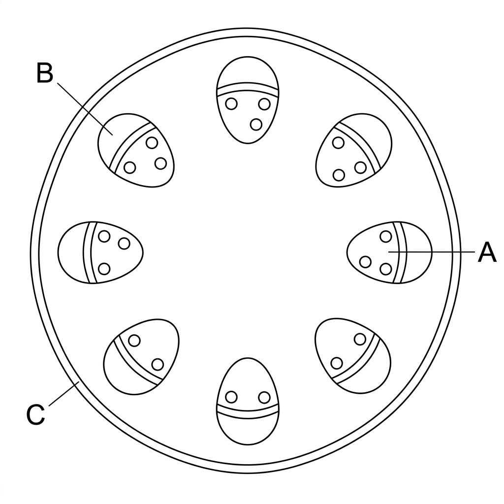 Plan/micrograph-style transverse section of a young dicot stem with vascular bundles arranged in a ring near the outside; labels A, B and C point to xylem, phloem and epidermis/cortex respectively without naming them.