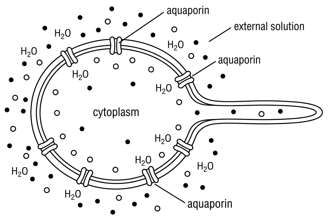 A simple diagram of a root hair cell surrounded by an external solution. The external solution contains more solute particles than the cytoplasm. The plasma membrane is shown with several integral channel proteins labelled aquaporins. Water molecules are shown on both sides of the membrane without showing the net direction of movement.