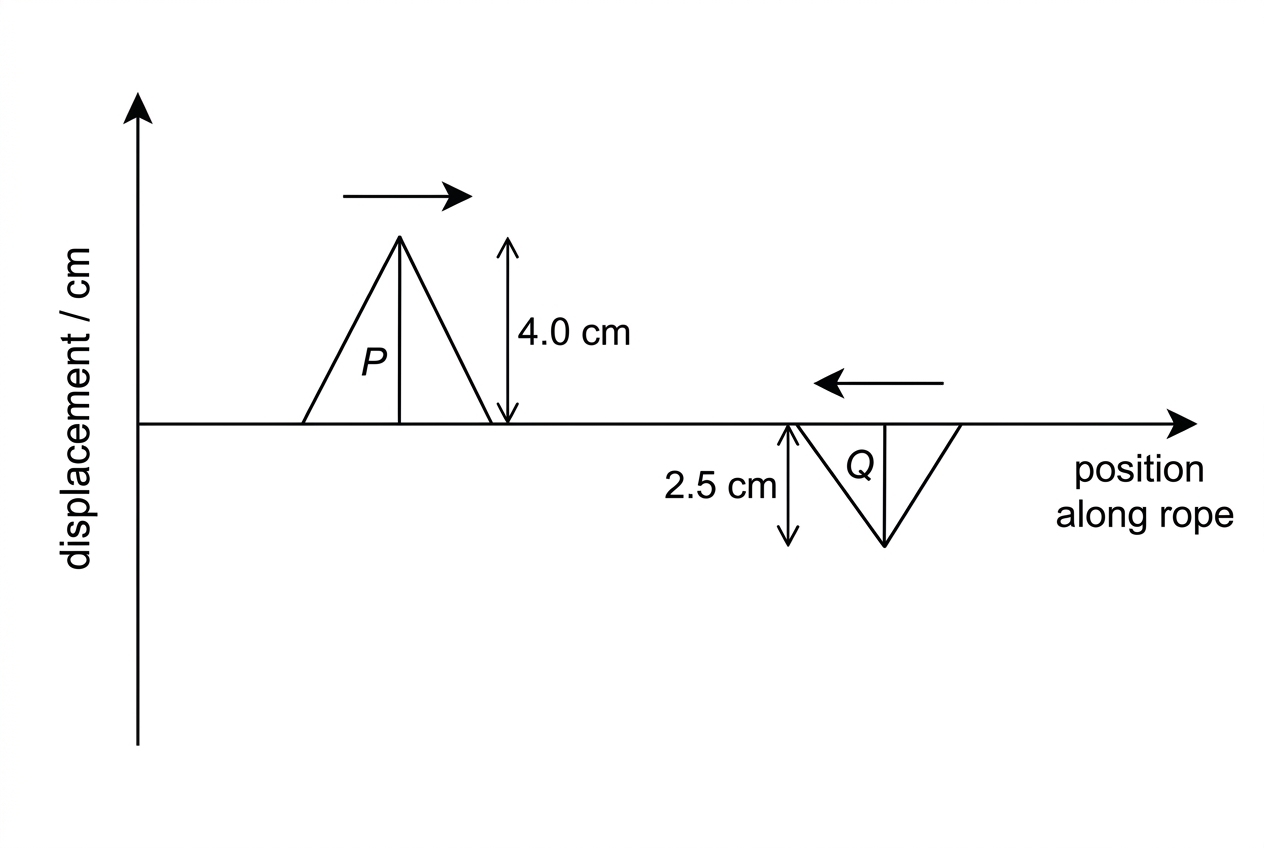 A displacement-position graph for a rope at an instant before overlap. The horizontal axis is position along the rope and the vertical axis is displacement from equilibrium. Pulse P is a rectangular or triangular upward pulse travelling right; pulse Q is a similar but smaller downward pulse travelling left. The amplitudes are labelled $4.0\ \text{cm}$ upward for P and $2.5\ \text{cm}$ downward for Q. Their widths and directions are indicated; they are separated but moving towards overlap.