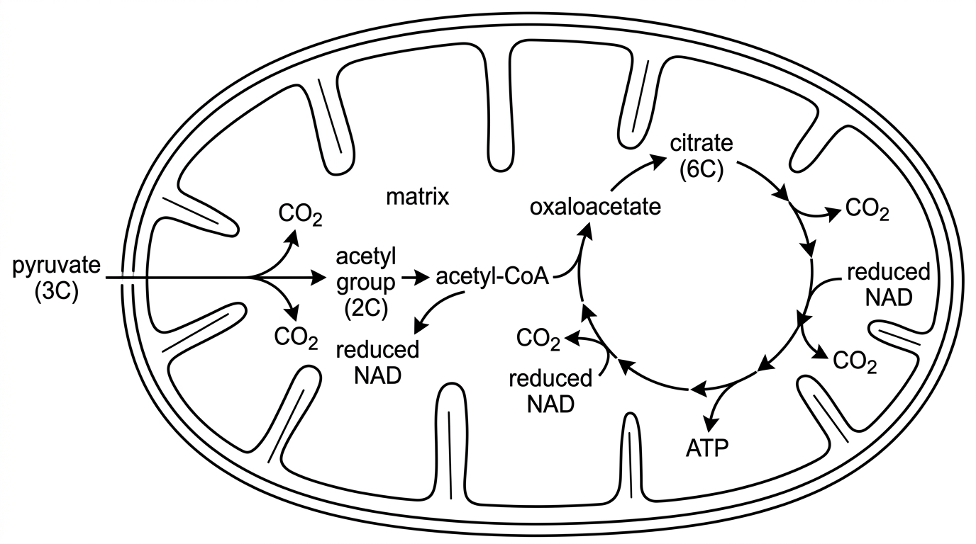A schematic diagram showing pyruvate entering the mitochondrial matrix, the link reaction producing acetyl-CoA and carbon dioxide, and the Krebs cycle showing oxaloacetate, citrate, carbon dioxide release, reduced NAD formation and ATP production. Carbon numbers for pyruvate, acetyl group, oxaloacetate and citrate must be shown, but intermediate names other than citrate and oxaloacetate must not be included.