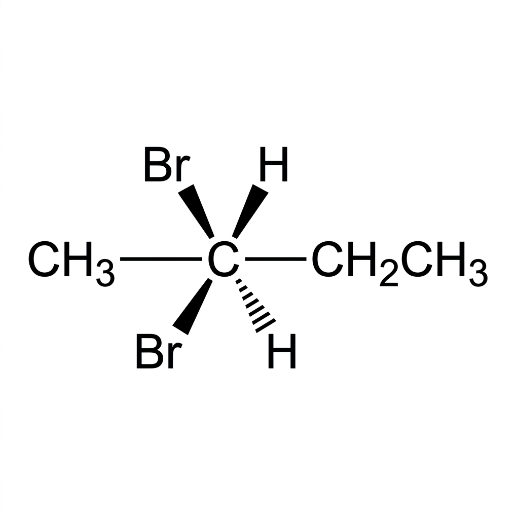 A clean wedge-dash representation of 2-bromobutane showing a single chiral center at C-2 bonded to Br, H, CH3 and CH2CH3 only; one bond is a solid wedge and one is a hashed wedge. The chiral carbon is not labelled.