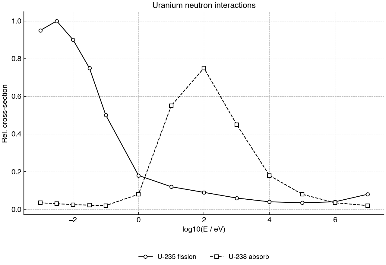 Relative neutron interaction probabilities for uranium isotopes as neutron kinetic energy changes.