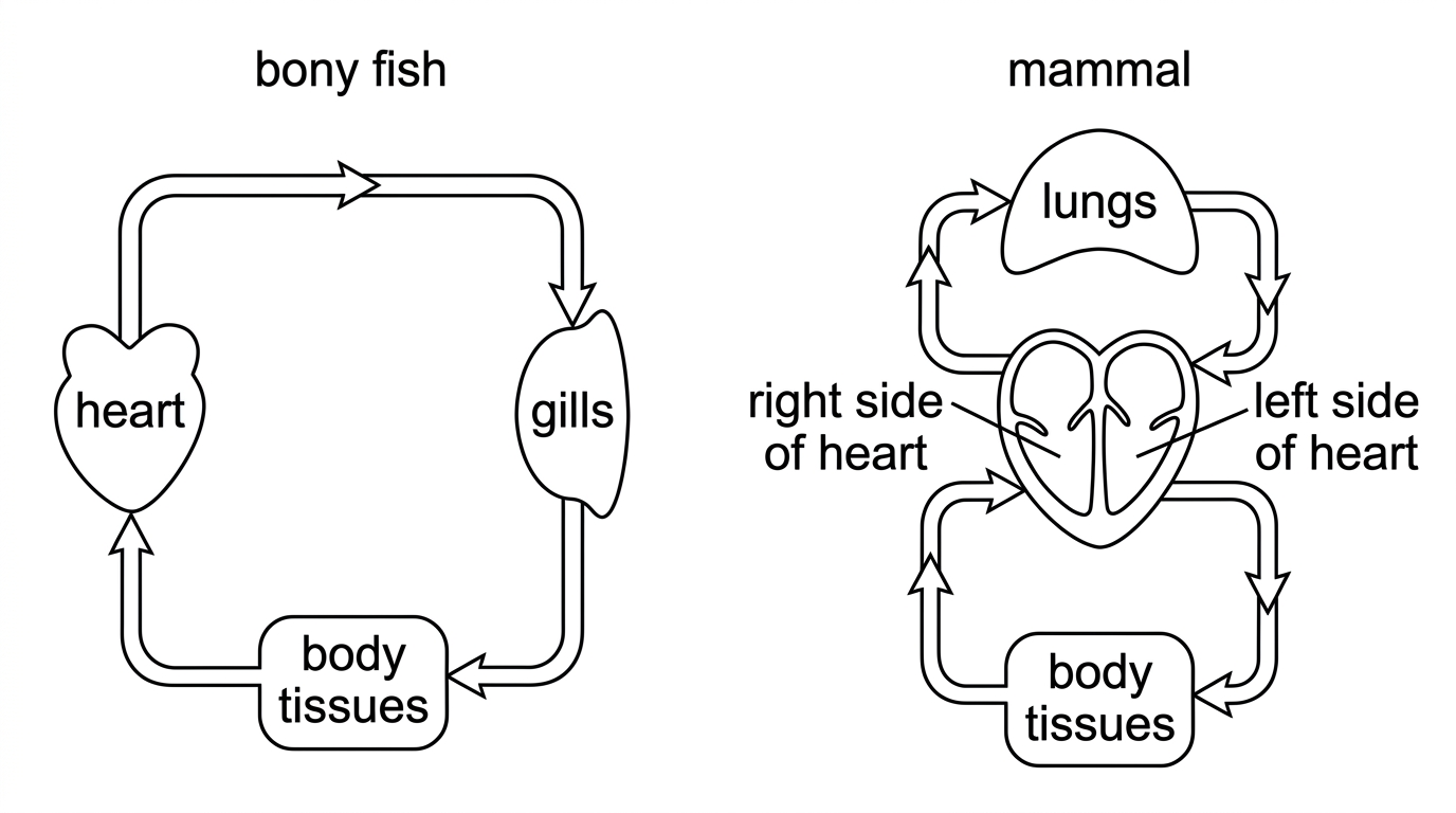Two simple circuit diagrams side by side. The fish diagram should show one heart, gills and body tissues in a single loop. The mammal diagram should show right side of heart, lungs, left side of heart and body tissues in two connected loops. Arrows indicate blood flow but pressures and oxygenation are not explicitly labelled.