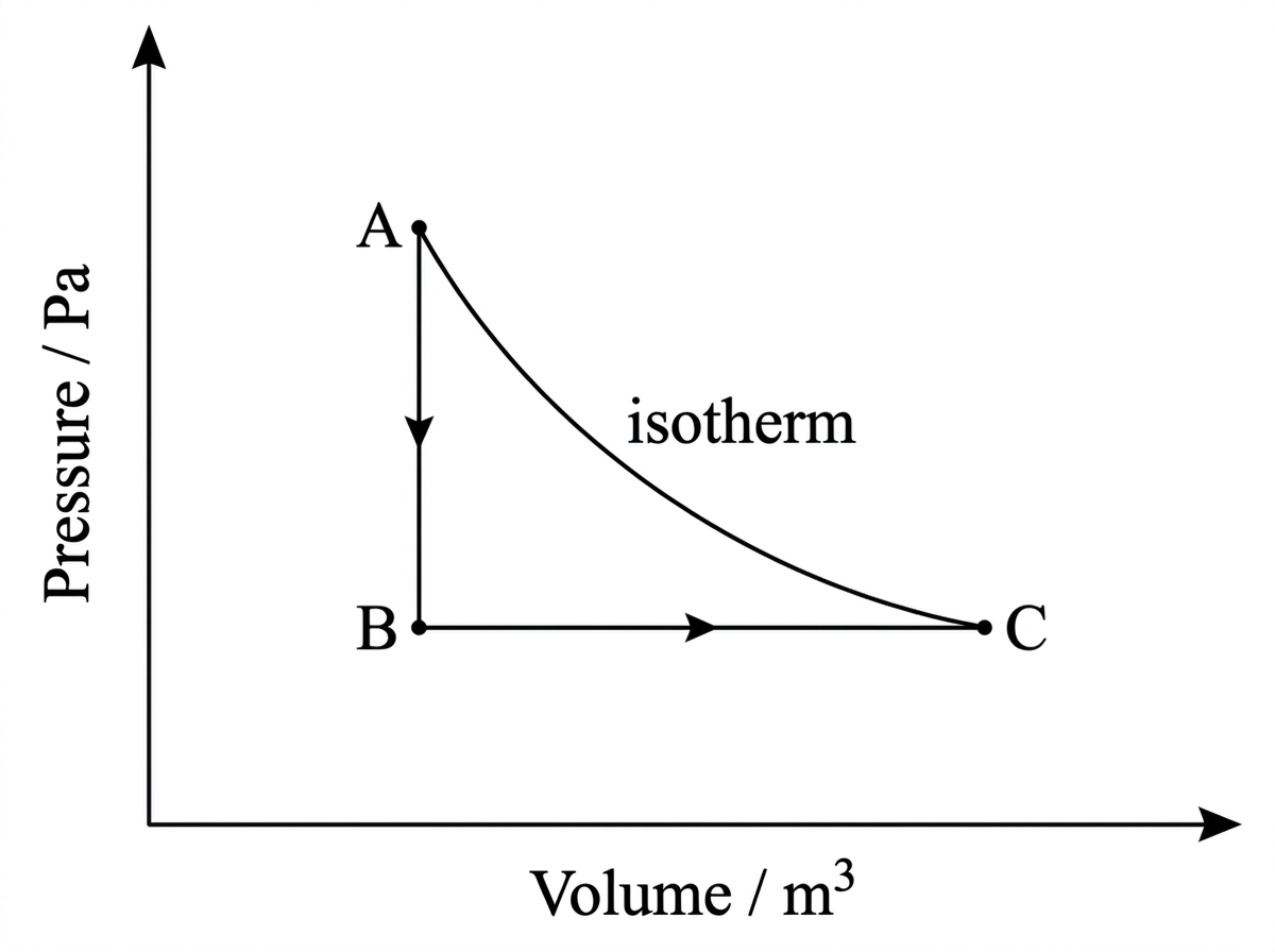 A pressure-volume diagram with labelled states A, B and C. One path from A to B is vertical, one path from B to C is horizontal, and a curved path directly from A to C is labelled as an isotherm. Axes are pressure and volume with units.
