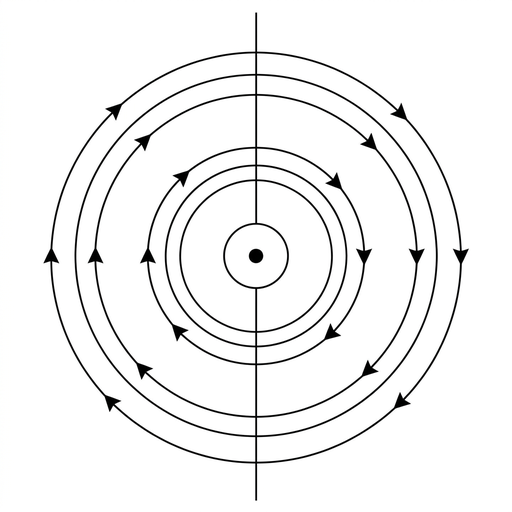 A top-view option diagram showing a small central circle representing the wire with a dot or upward-current label at the centre. Several concentric circular magnetic field lines surround the wire with arrowheads indicating a clockwise direction. The diagram is clean black line art on a white background.