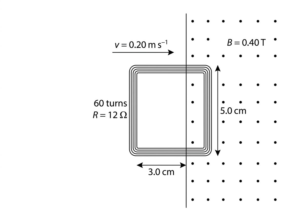 A rectangular multi-turn coil moving horizontally to the right into a rectangular region of uniform magnetic field. The field is shown by dot symbols indicating out of the page. The coil dimensions are labelled: width along motion and height perpendicular to motion. A rightward velocity arrow and field-region boundary are shown.