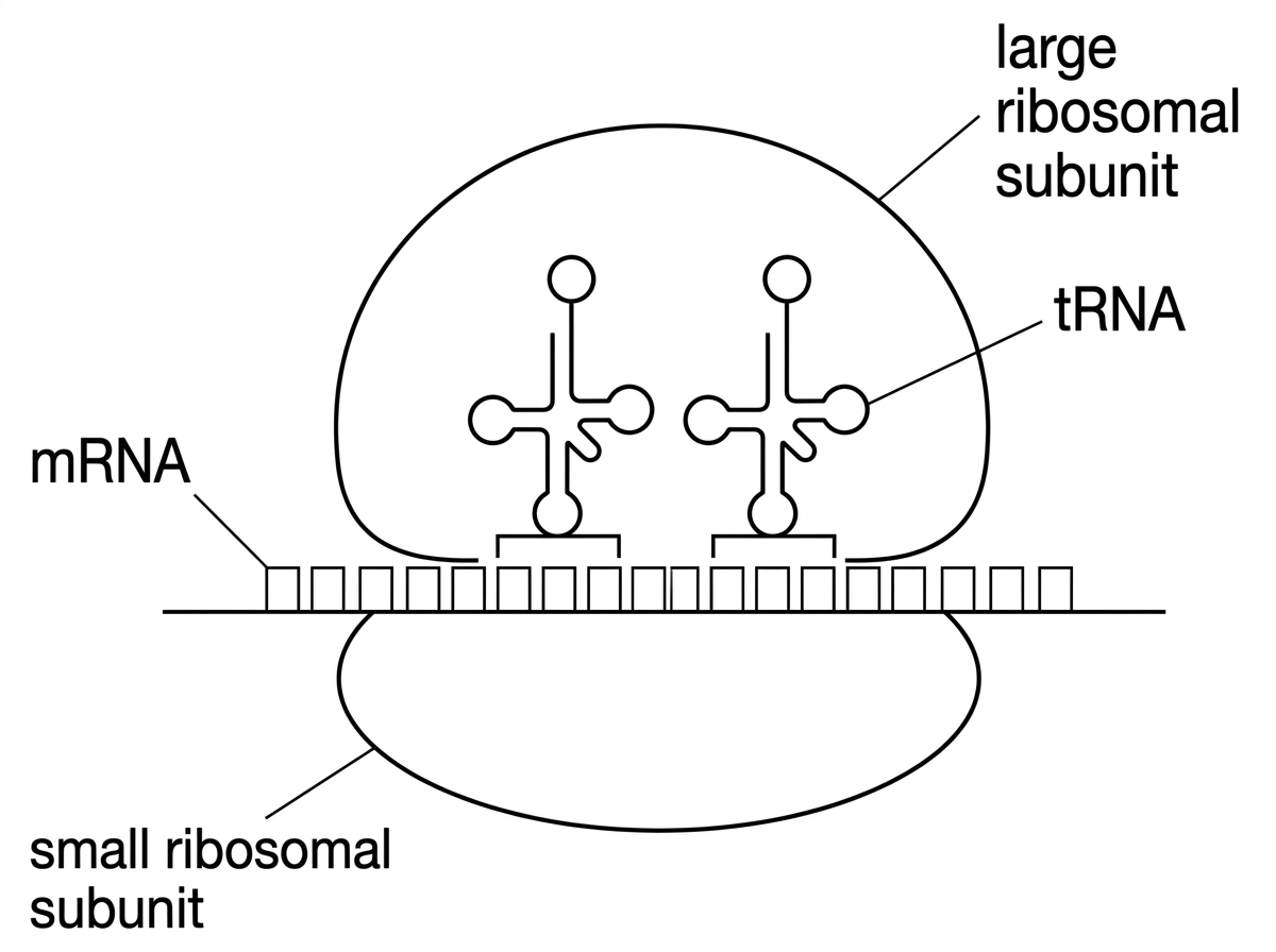 A simple diagram of translation showing an mRNA strand bound to a small ribosomal subunit, a large ribosomal subunit above it and two tRNA molecules carrying amino acids. Labels should identify mRNA, small ribosomal subunit, large ribosomal subunit and tRNA, without naming specific codons or amino acids.