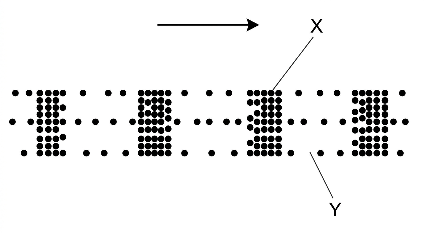 A horizontal row of small dots representing air particles. The dots form alternating closely spaced regions and widely spaced regions along the line. An arrow above the row indicates wave travel to the right. Label one closely spaced region as X and one widely spaced region as Y. No information about the correct option is included in the labels.