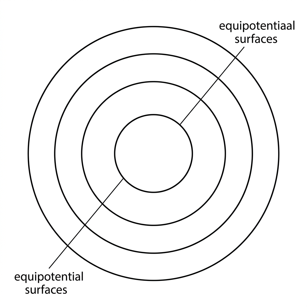 A central circle representing a spherical planet surrounded by several concentric circular equipotential surfaces. The surfaces are labelled only as equipotentials, with potential becoming less negative outward if labels are used. No gravitational field lines, force arrows, or work values are shown.