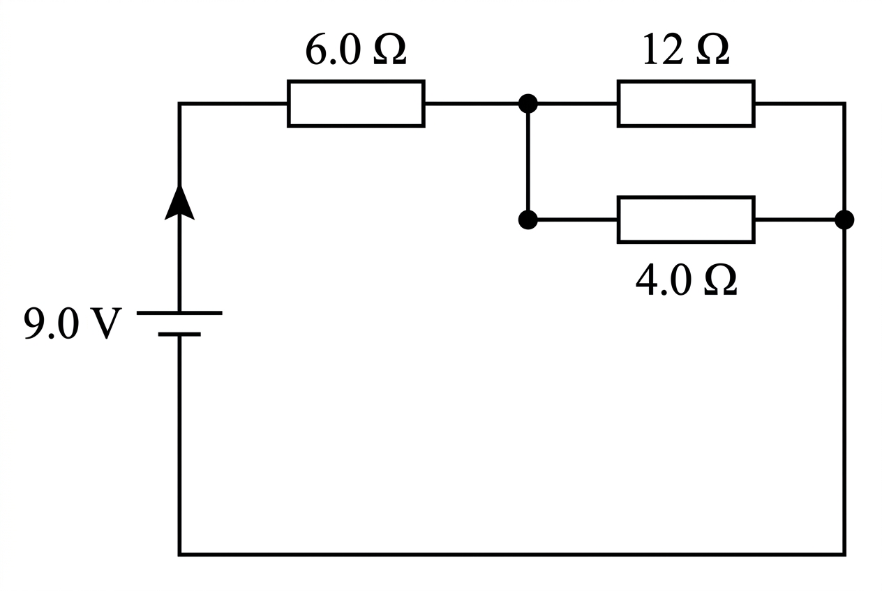 A simple circuit diagram with an ideal cell labelled $9.0\ \text{V}$. A $6.0\ \Omega$ resistor is in series with a two-branch parallel network. One parallel branch contains a $12\ \Omega$ resistor and the other contains a $4.0\ \Omega$ resistor. Conventional current direction is indicated in the external circuit.