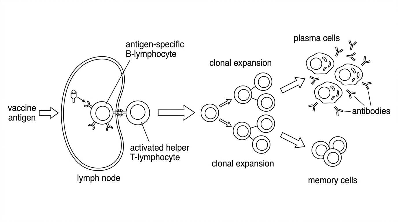 A flowchart showing a vaccine antigen entering a lymph node, an antigen-specific B-lymphocyte binding the antigen, contact with an activated helper T-lymphocyte recognizing the same antigen, clonal expansion, formation of plasma cells and memory cells, and secretion of antibodies. The flowchart should not state the functions in full sentences.