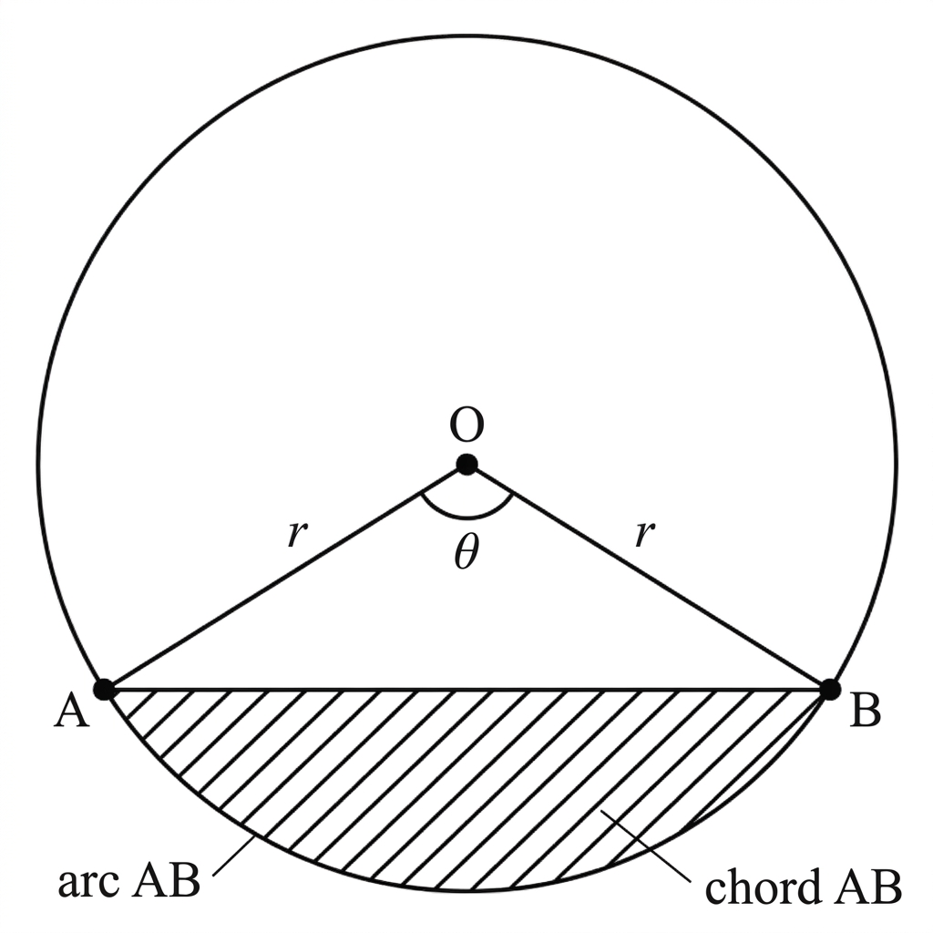 A circle sector with centre O, radius r, central angle theta, chord AB, and minor arc AB. The minor segment between the chord and arc is shaded, and the boundary of the badge is identified as the chord plus the arc.