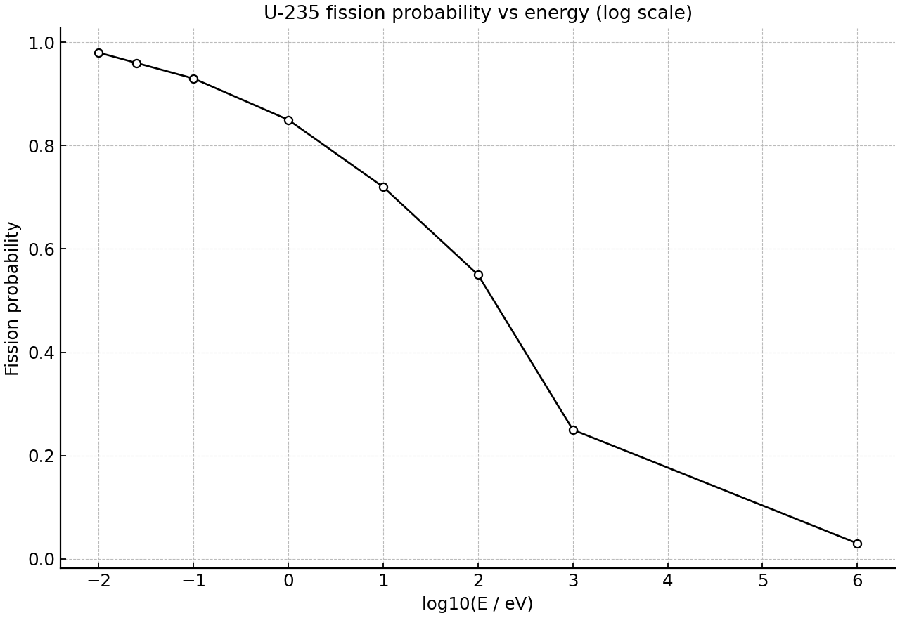 Probability of neutron-induced fission in U-235 versus neutron energy.
