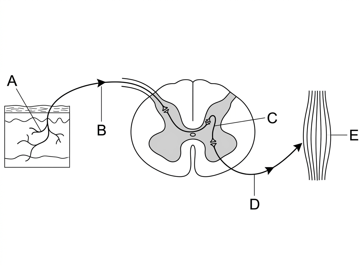 Simplified reflex arc diagram from skin of the hand to the spinal cord and back to an arm muscle. Show a free nerve ending in the skin, a sensory neuron entering the dorsal side of the spinal cord, a single interneuron in the grey matter, a motor neuron leaving the spinal cord and a skeletal muscle effector. Use arrows to show impulse direction and labels A to E only, without naming the structures.