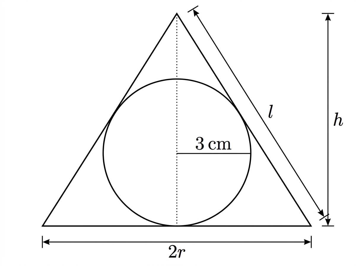 An axial cross-section of a right circular cone, showing an isosceles triangle with base 2r, height h, equal sides l, and an inscribed circle of radius 3 tangent to the base and both sides.