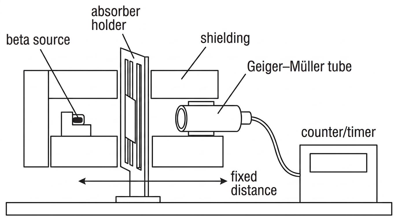 A simple laboratory arrangement showing a beta source at fixed distance from a Geiger–Müller tube connected to a counter/timer, with shielding and a labelled absorber holder; no numerical data.