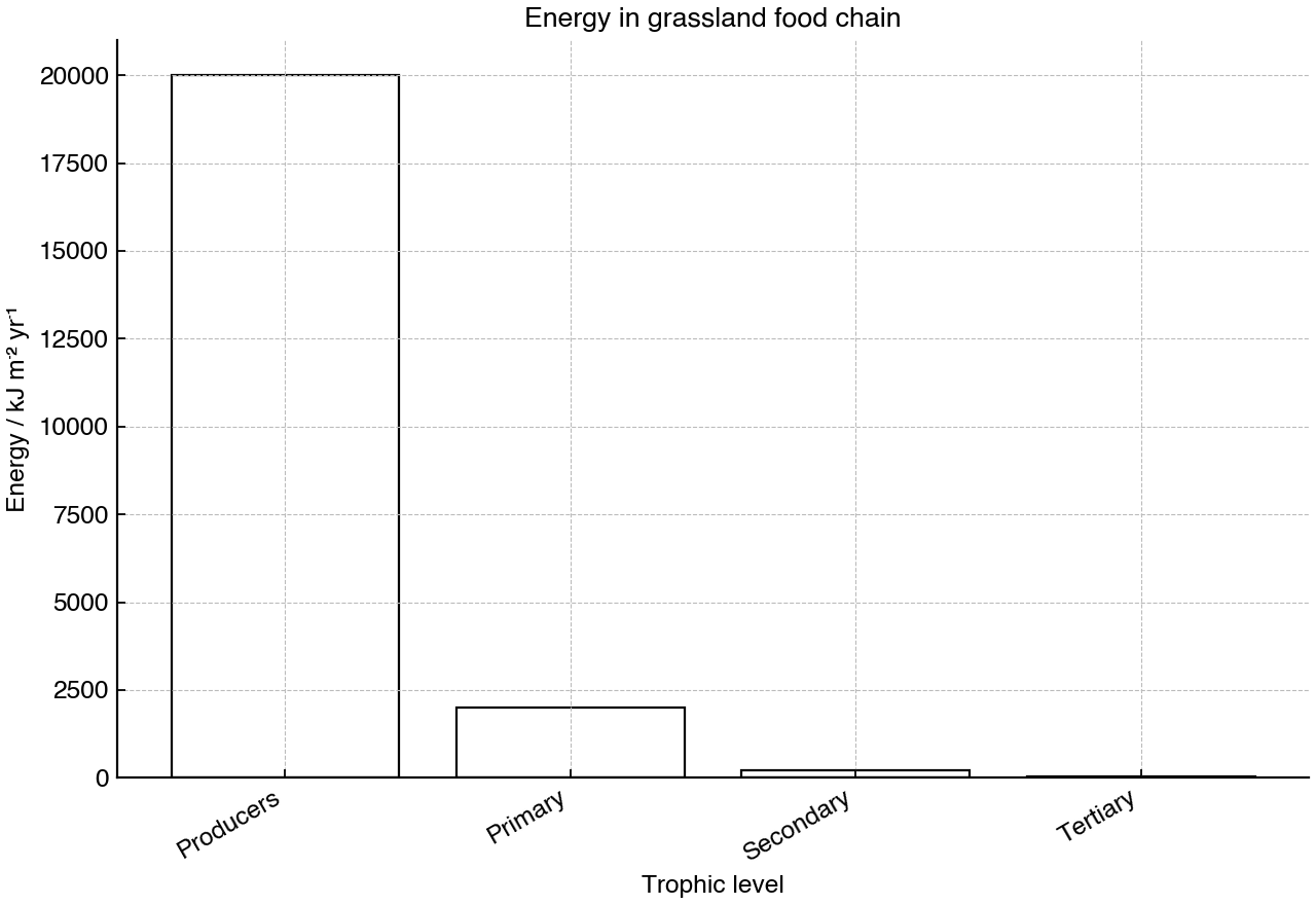 Bar chart showing energy available at four trophic levels in a grassland food chain.